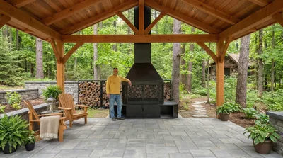Foyer extérieur installé sous un gazebo en cèdre